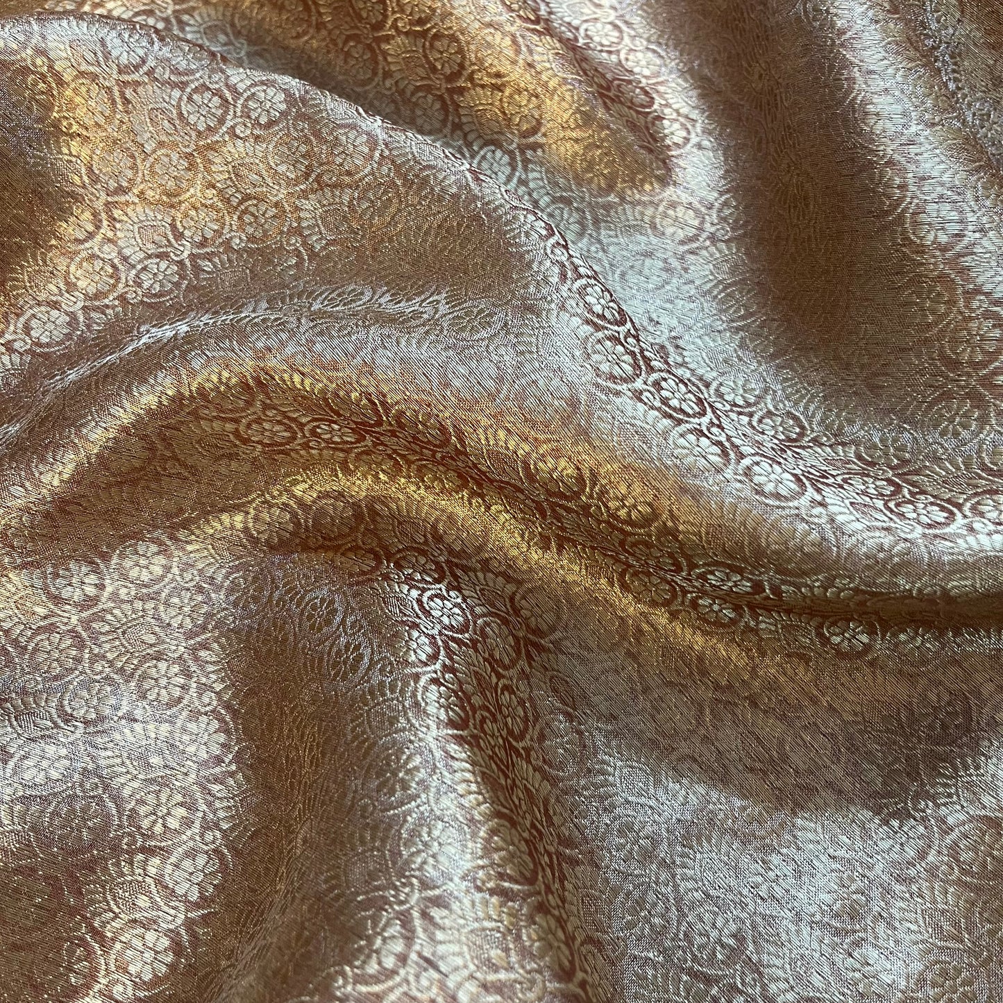 Champagne & Red Banarasi Brocade silk saree with zari pattern all over