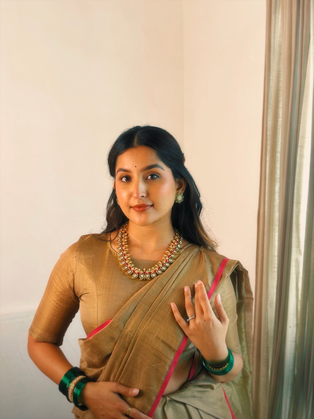 Antique gold & pink maheshwari tissue silk saree with zari lines on pallu