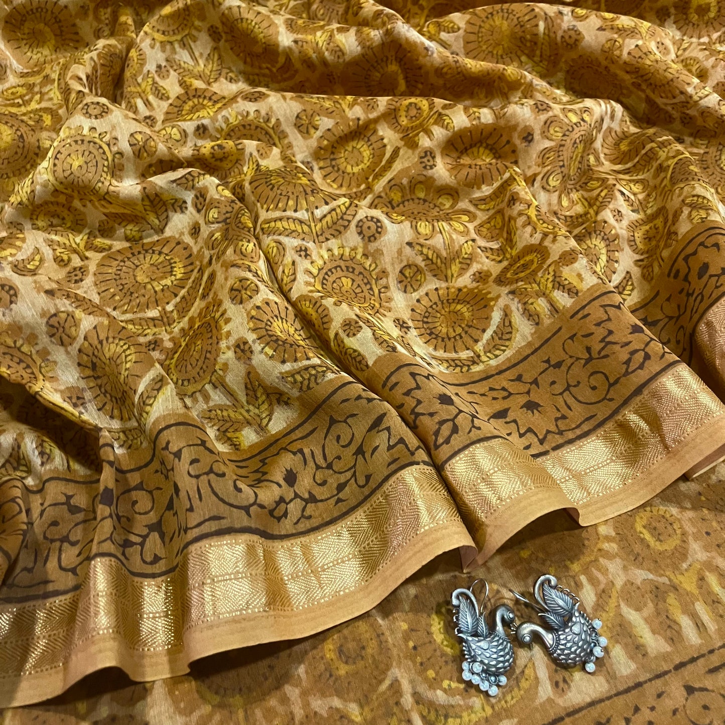 Mustard Maheshwari saree with ajrakh print all over