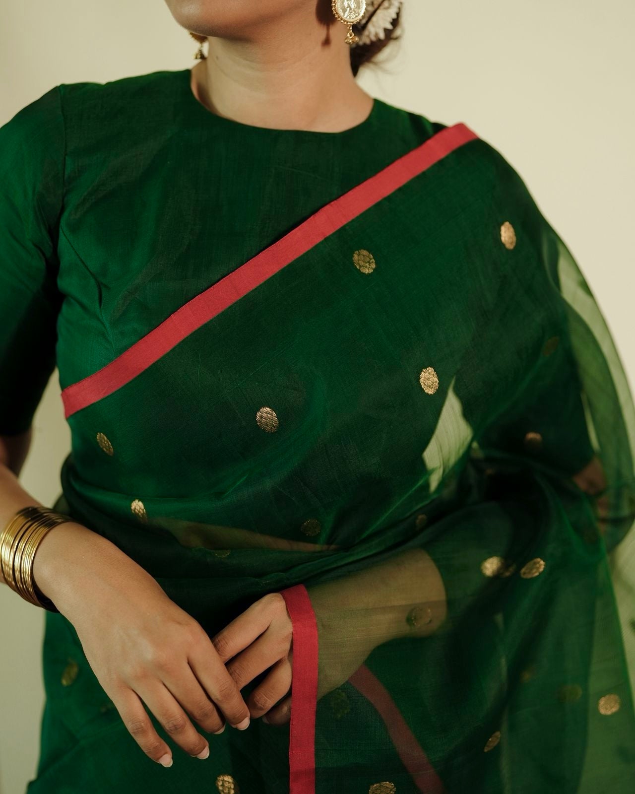 Green & red Chanderi silk saree with zari bootis all over