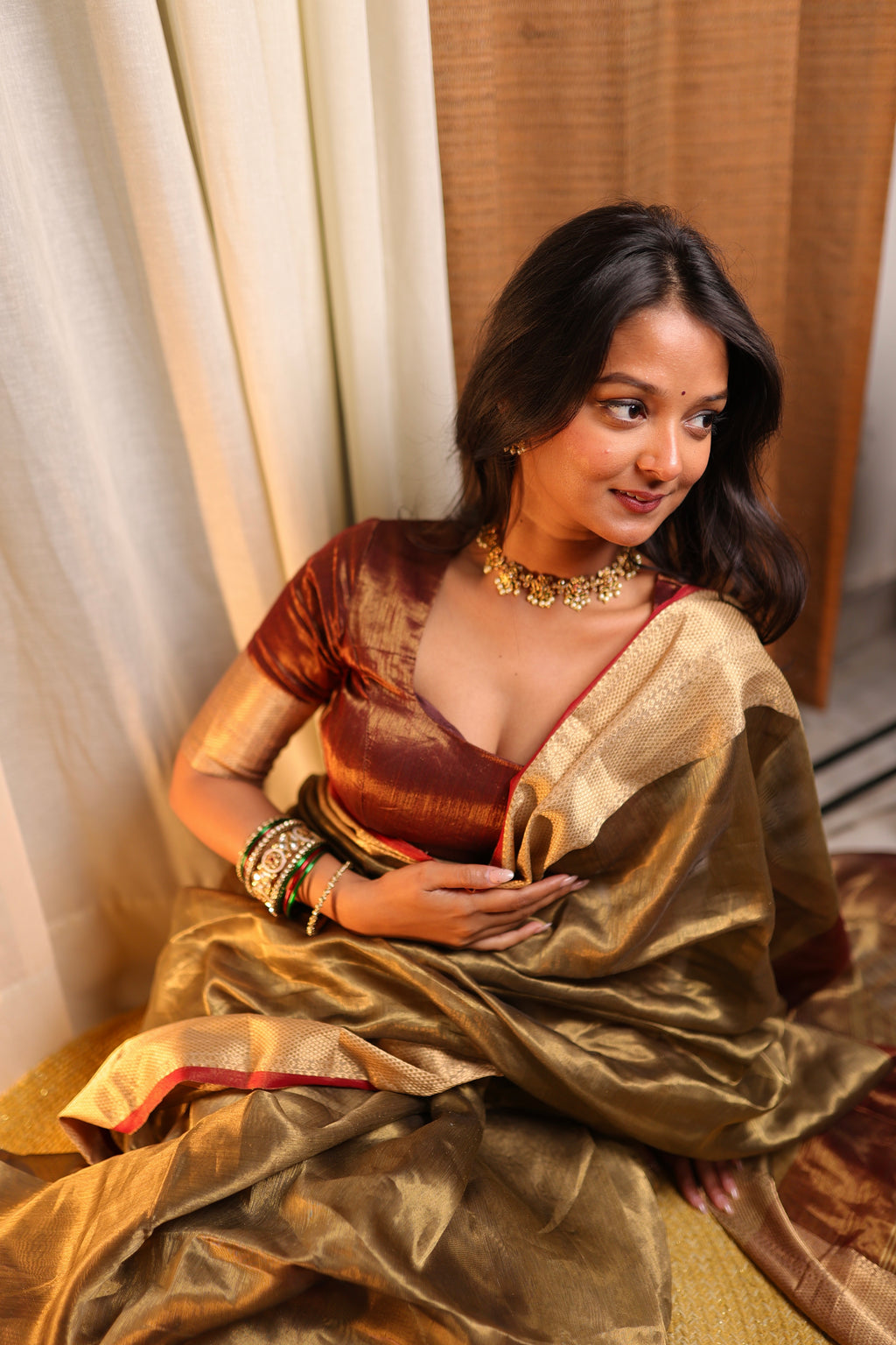 Ready to wear | Antique Gold & Red Maheshwari Tissue Silk Saree with Zari Pattern on Pallu