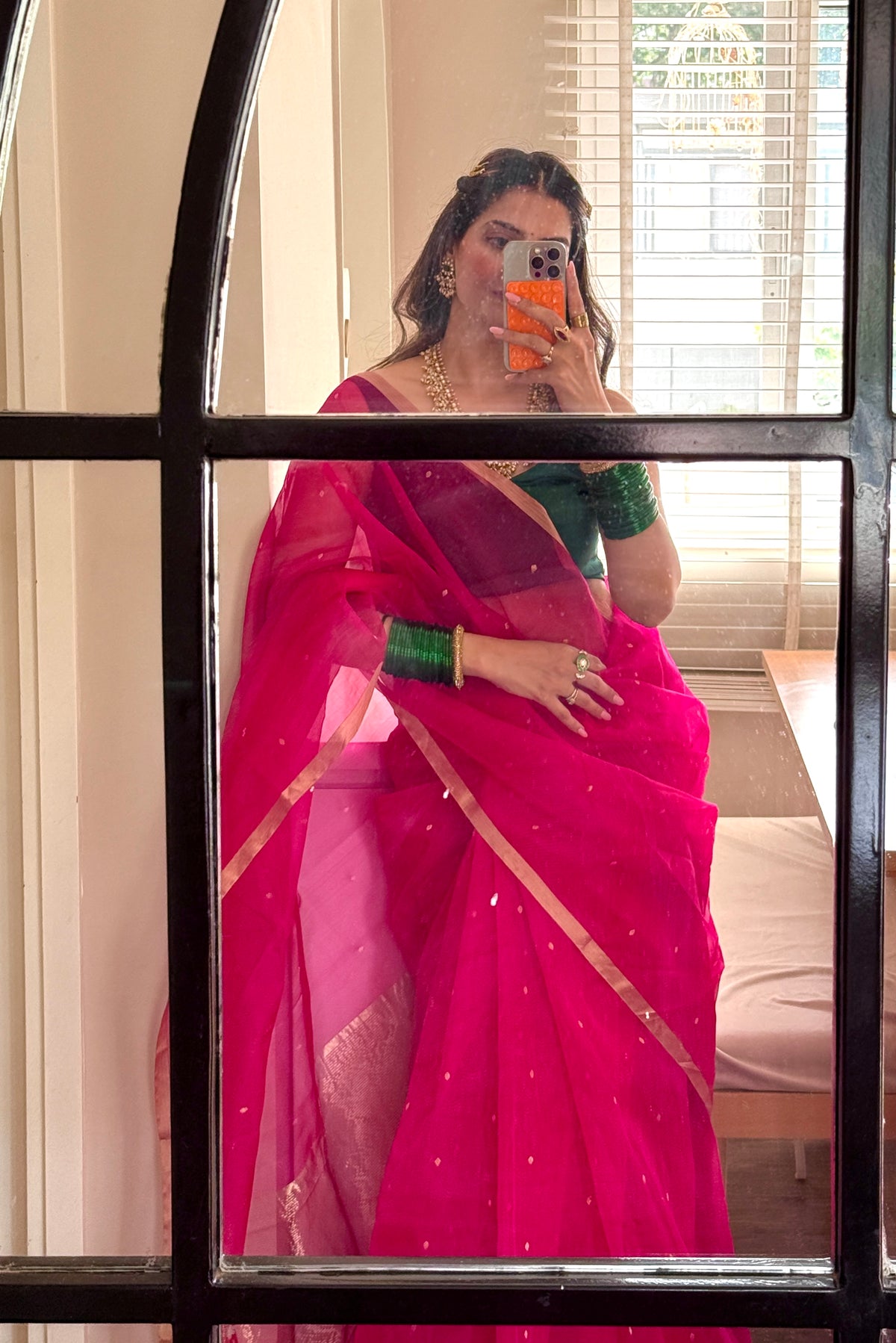 Fuschia pink Chanderi silk saree with zari bootis all over