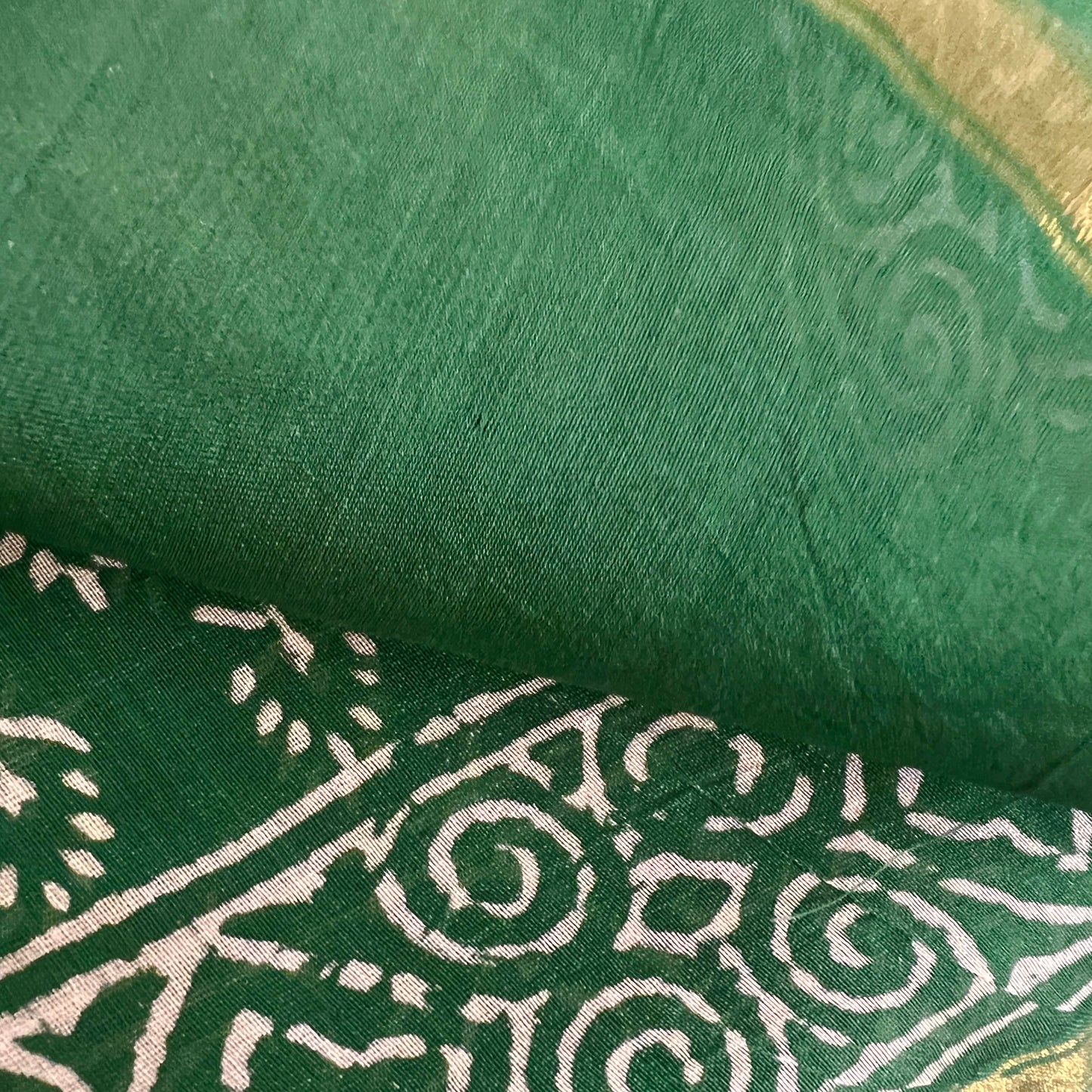 Green and white block print Chanderi saree