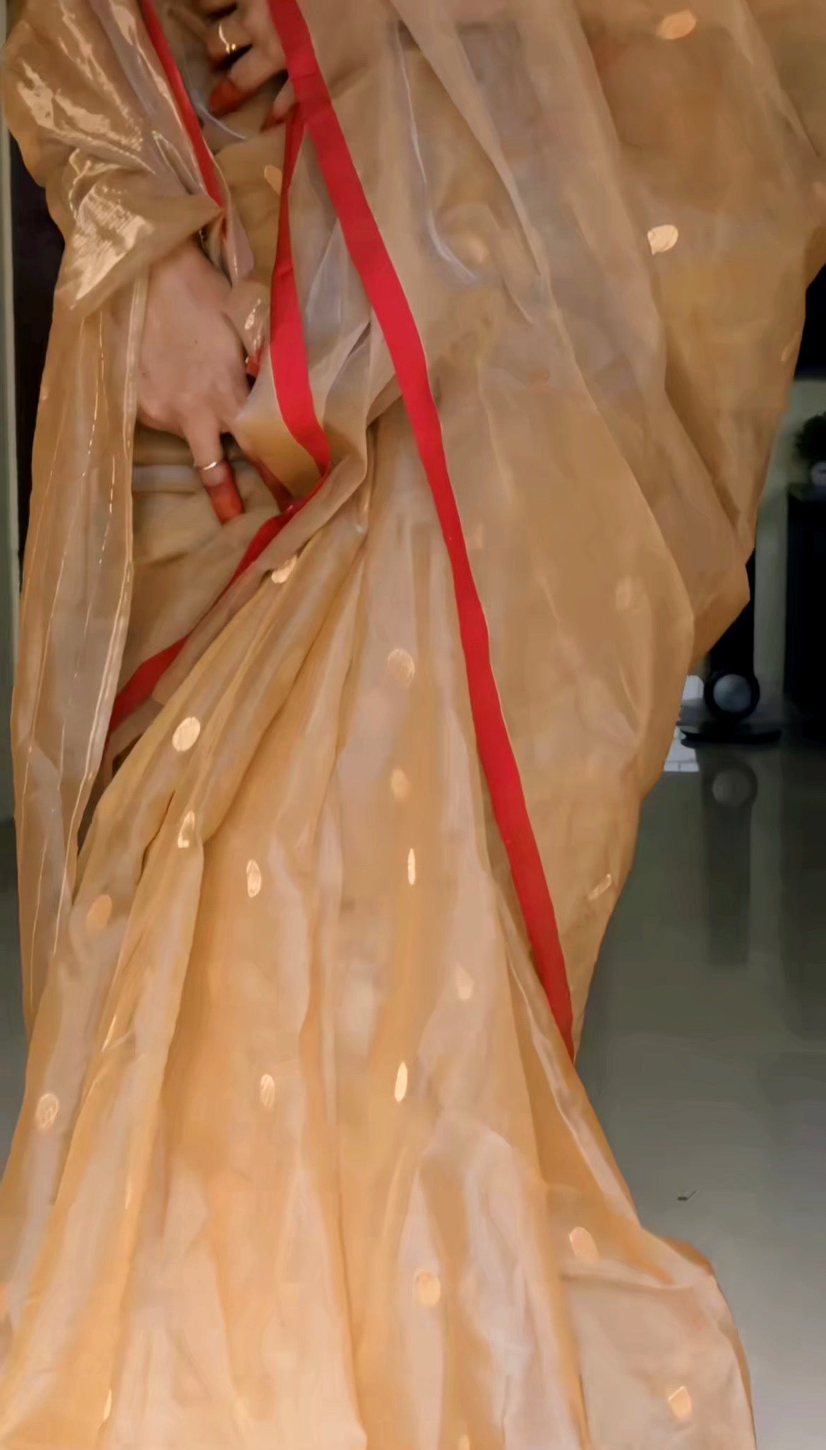 Beige gold and red Chanderi silk saree with zari bootis all over
