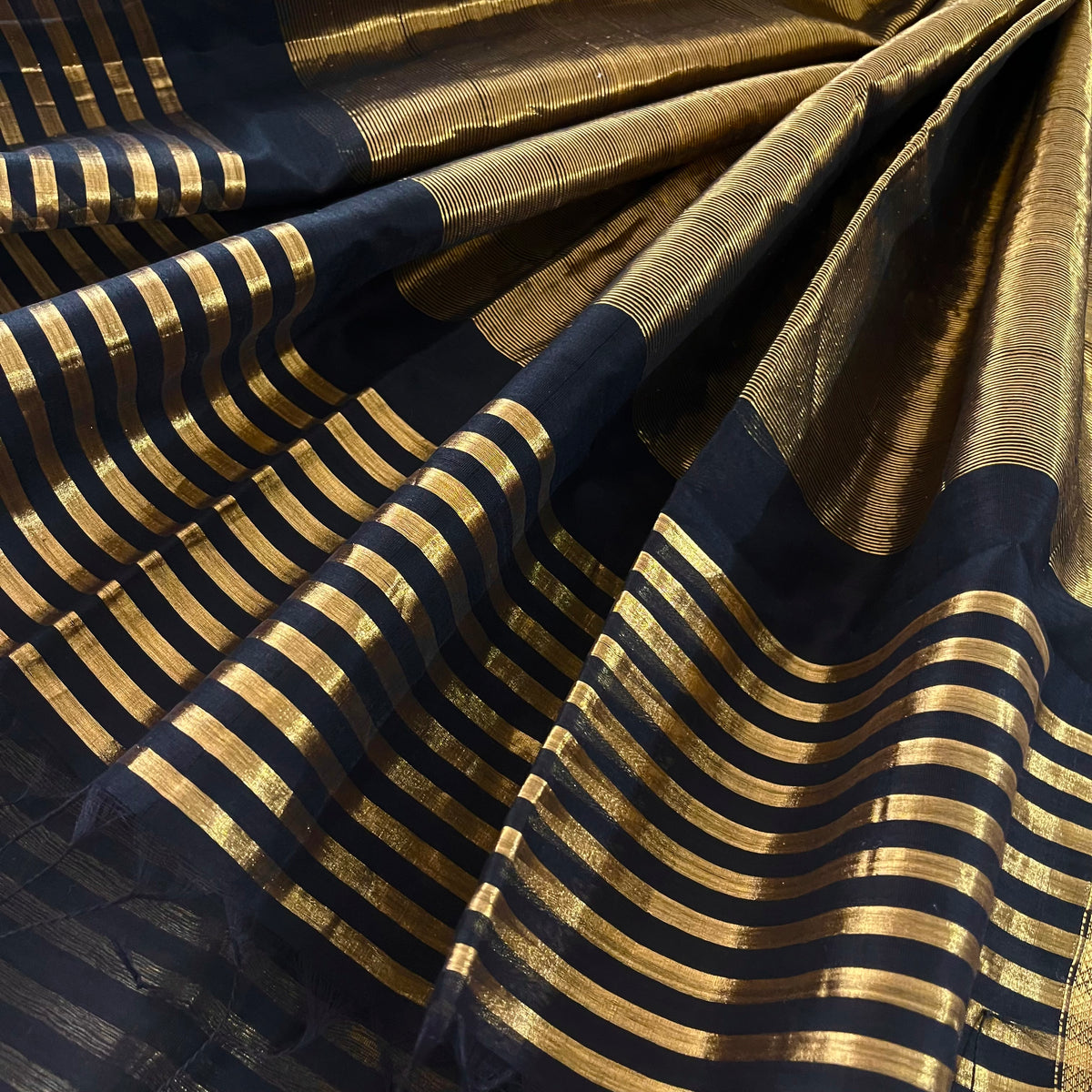 Black Maheshwari saree with zari stripes all over
