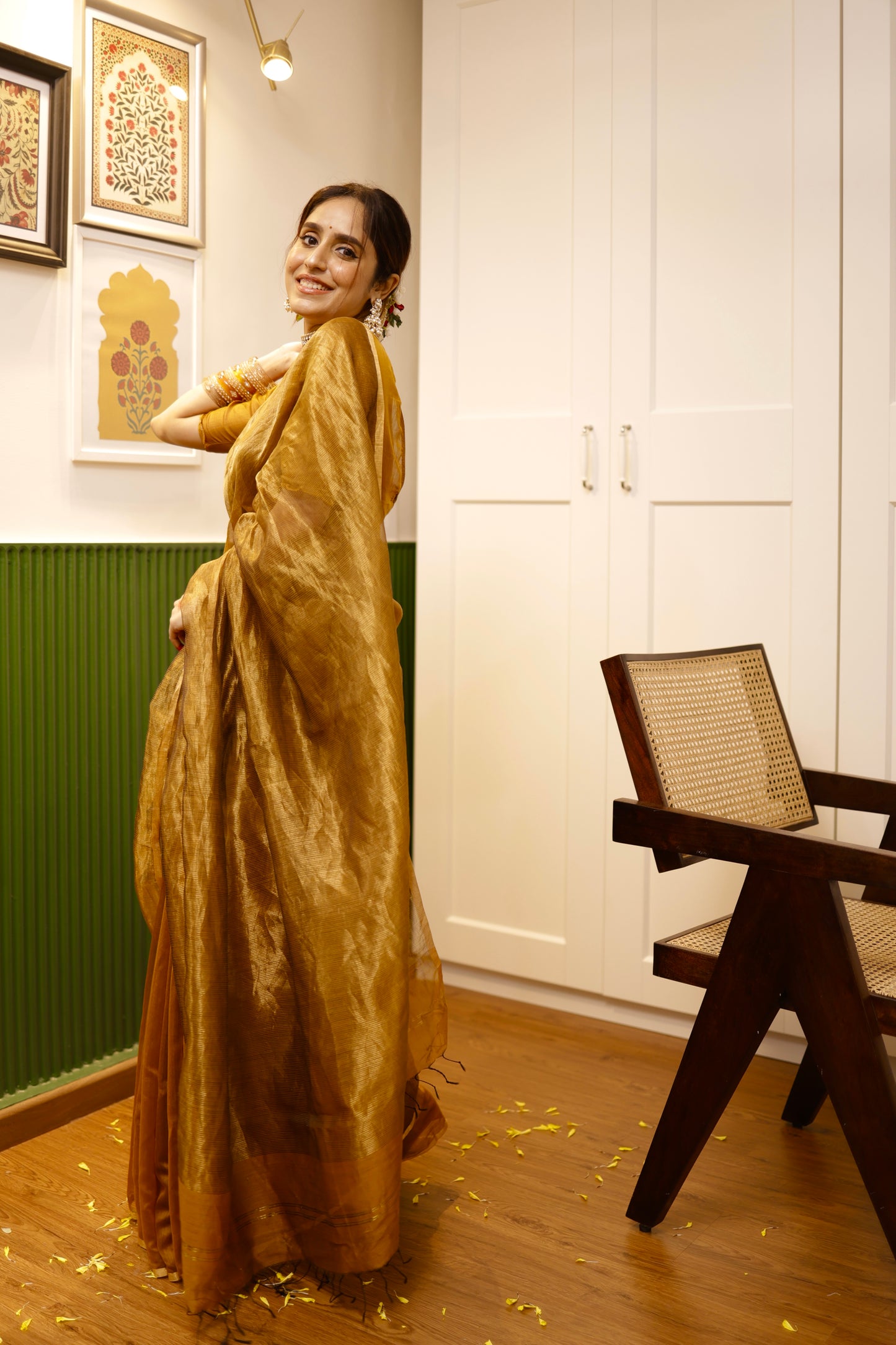 Mustard and gold maheshwari saree with zari border