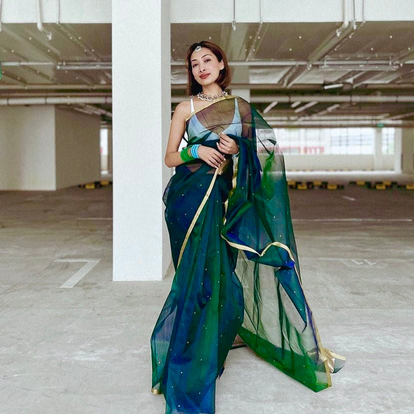 Peacock blue and green dual tone Chanderi organza silk saree with zari bootis all over