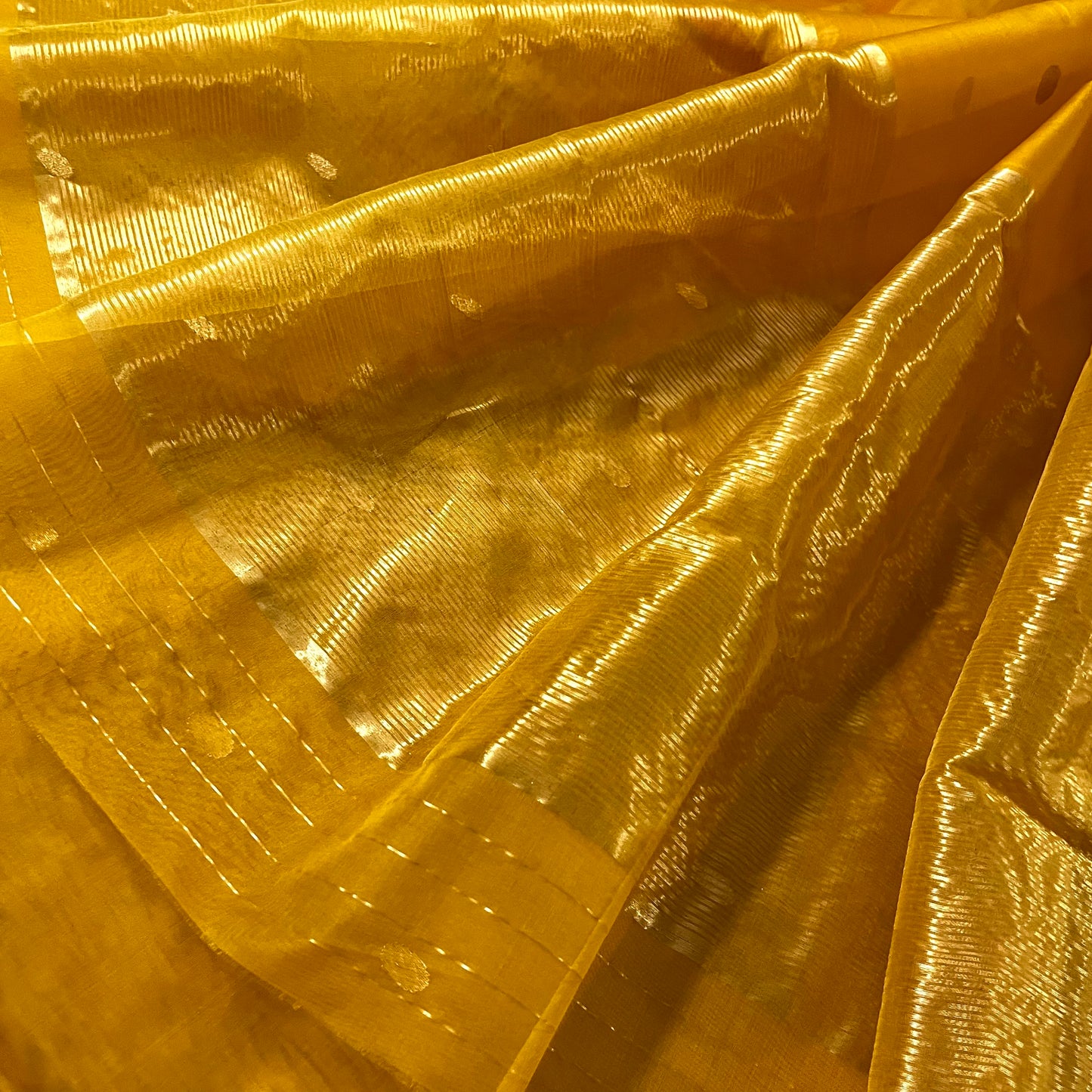 Mustard red Chanderi silk saree with zari bootis all over