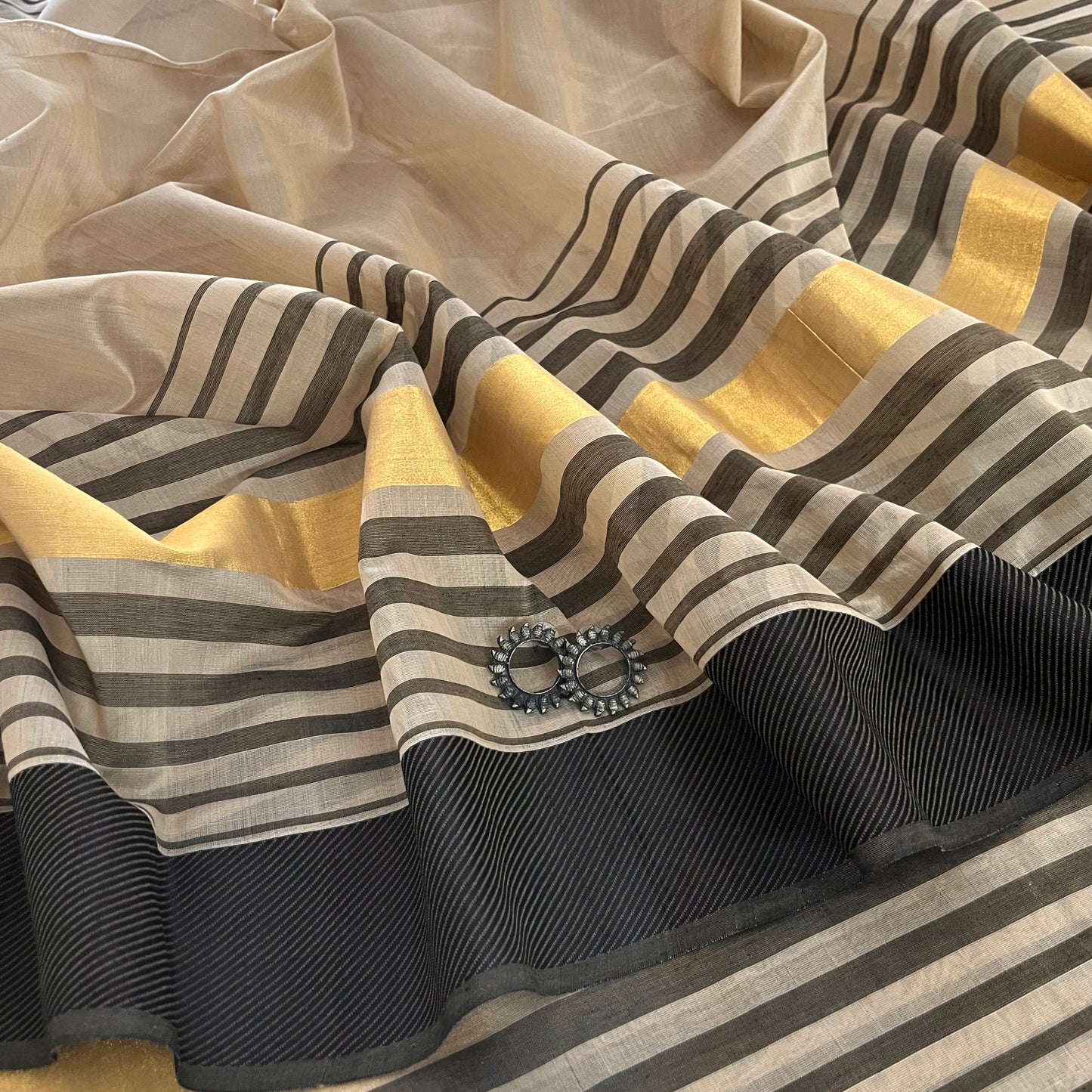 Beige and Black Maheshwari saree with resham border