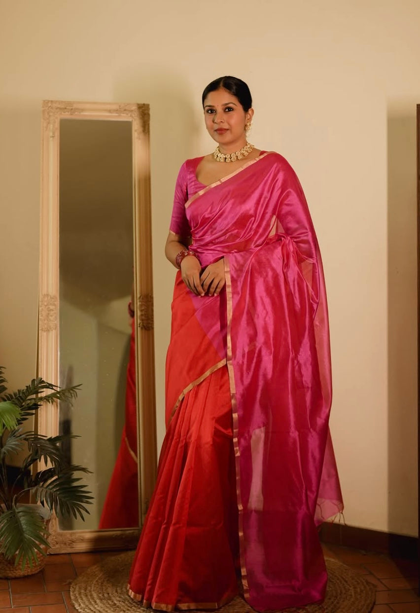 Chili Red and pink Chanderi silk saree with tassels on pallu