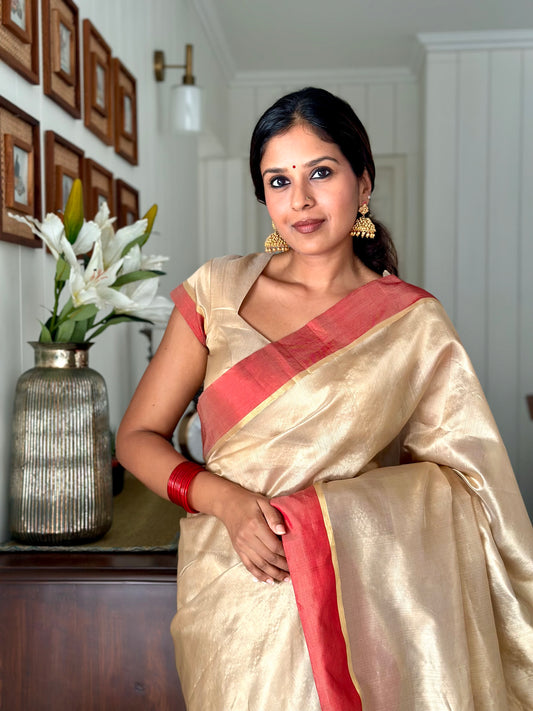 Beige & Red Chanderi silk saree with zari lines on pallu