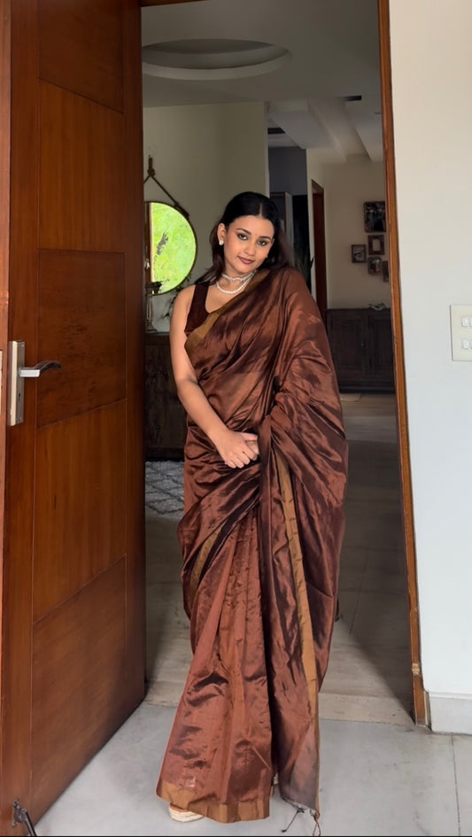 Cinnamon brown Chanderi silk saree with silk border