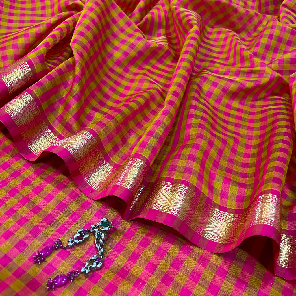 Pink and Olive Maheshwari checkered saree with zari border