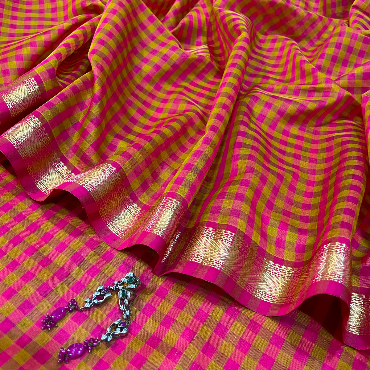 Pink and Olive Maheshwari checkered saree with zari border