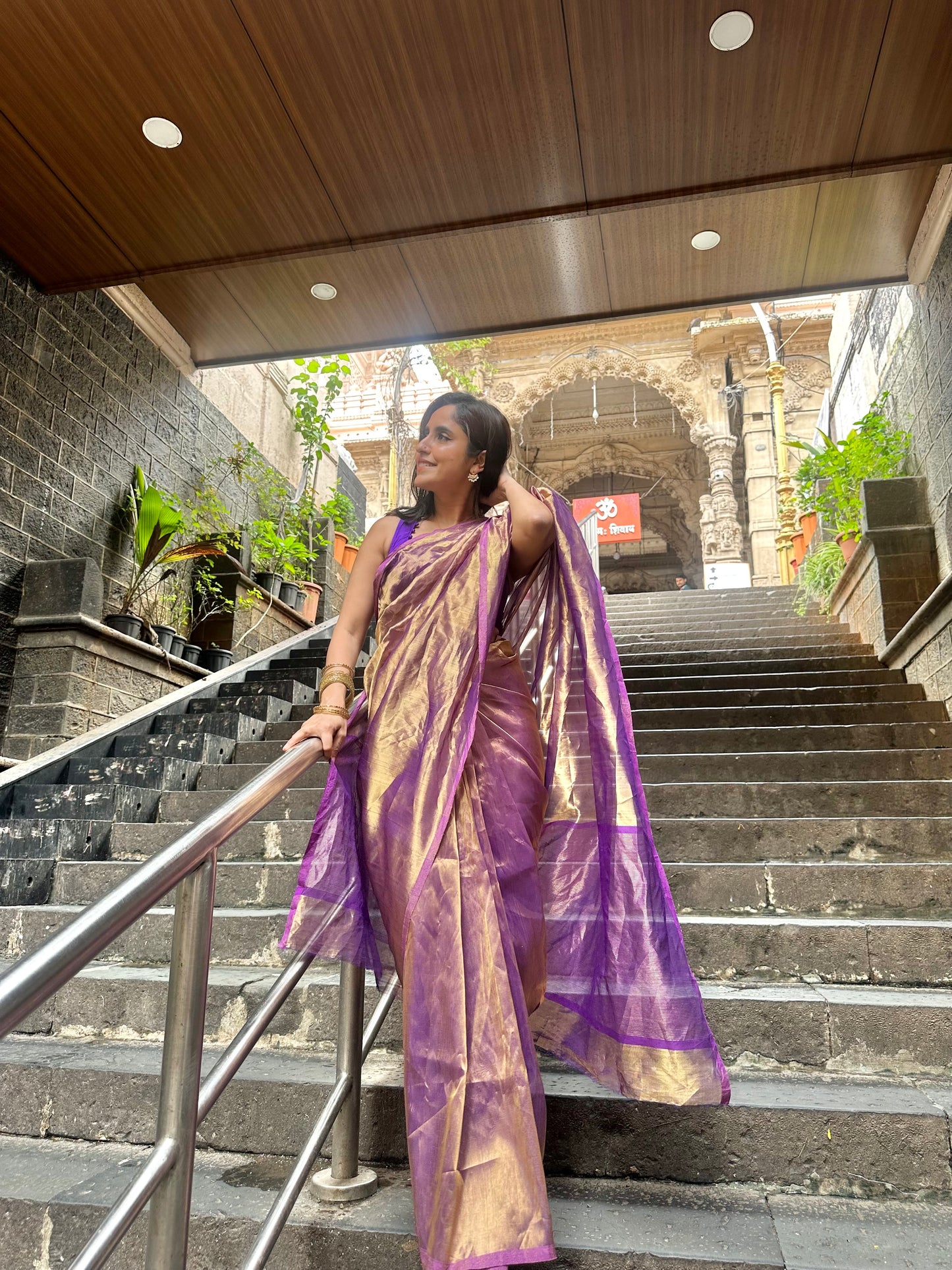 Purple & Gold Chanderi Tissue Silk Saree