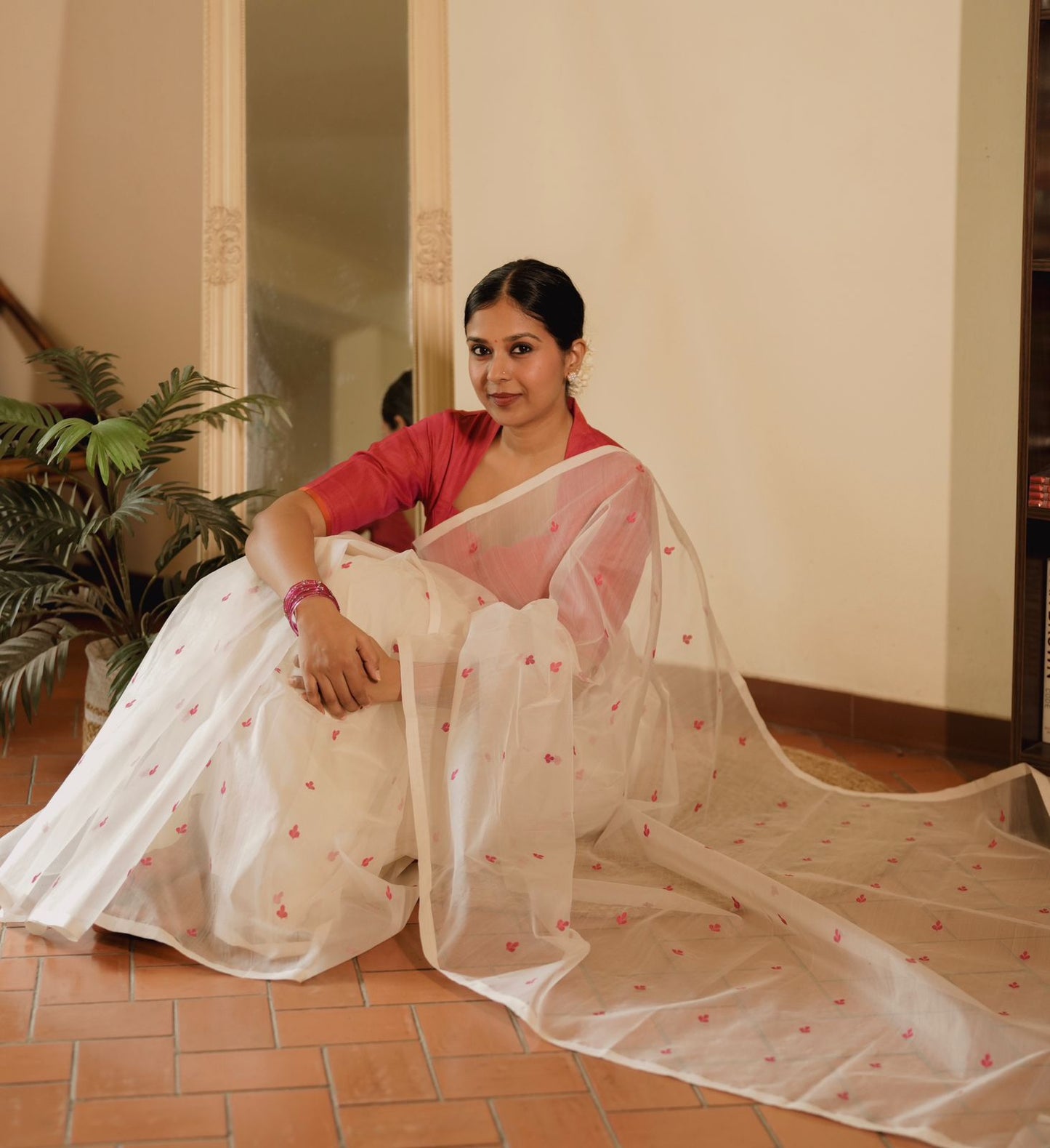Off white and pink Chanderi silk saree with resham bootis all over