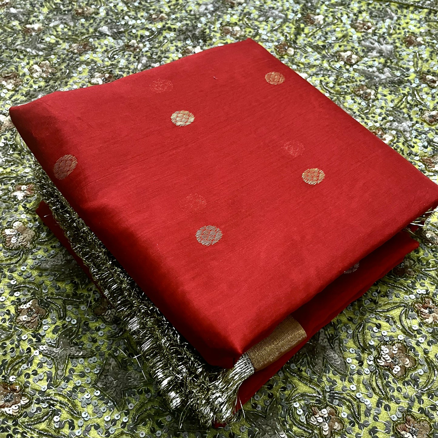 Red Chanderi saree with zari bootis and zari border all over