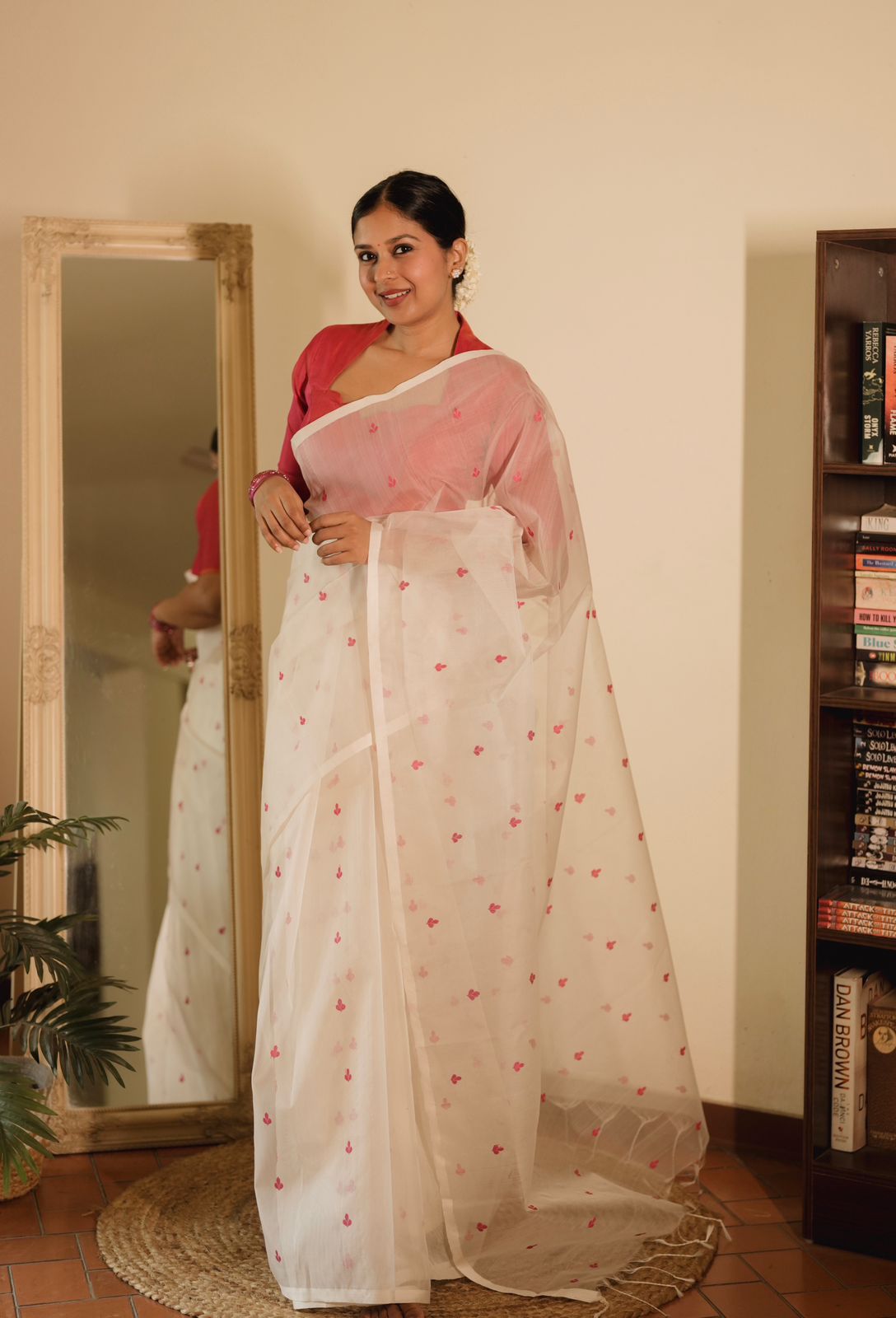 Off white and pink Chanderi silk saree with resham bootis all over