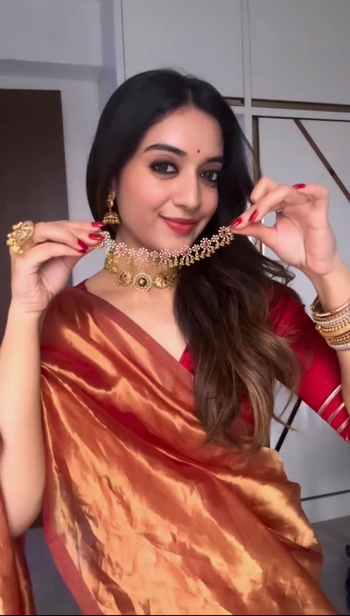 Deep red and gold Chanderi tissue silk saree