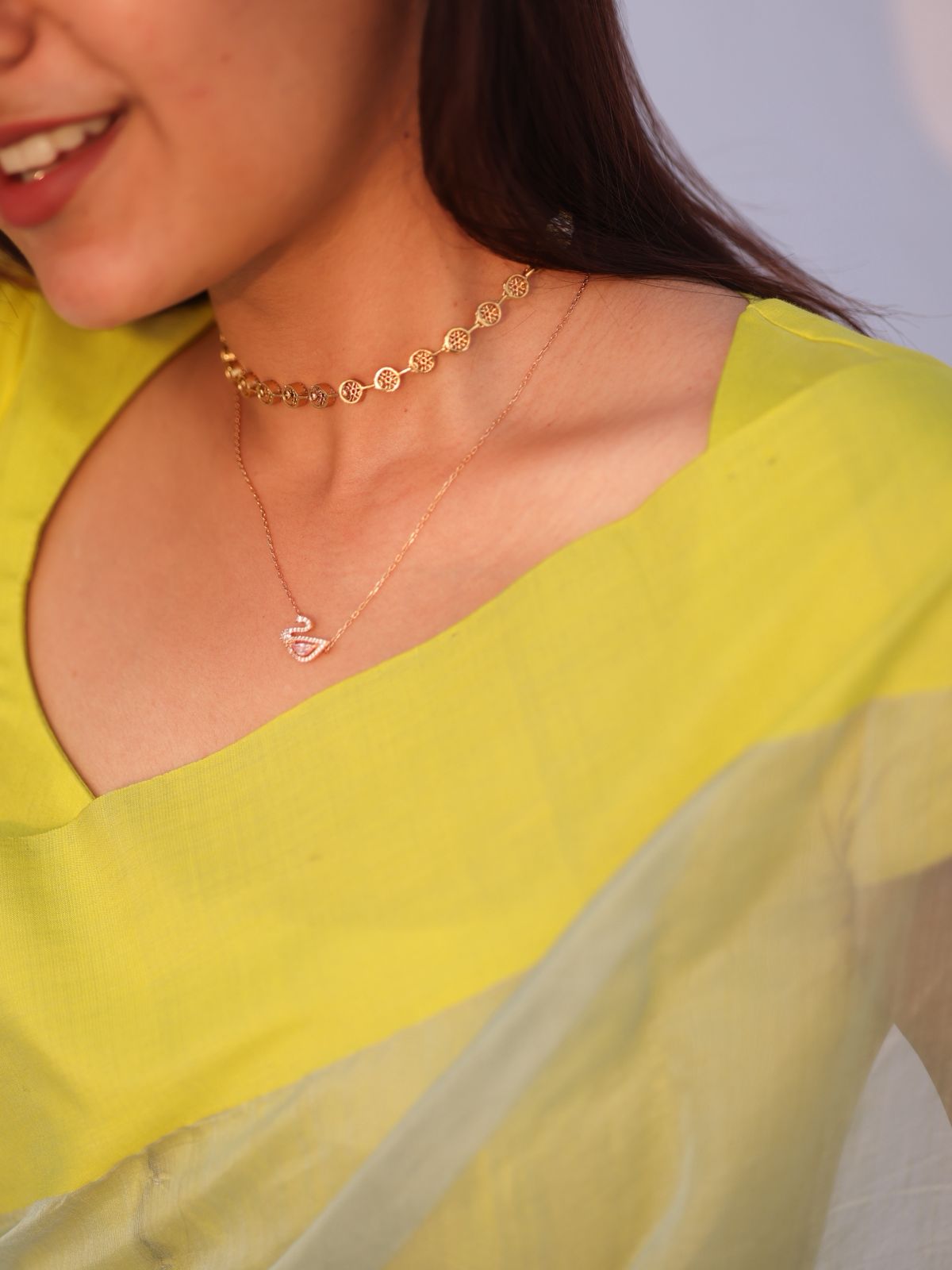 Sage and lemon Chanderi saree with zari lines on pallu