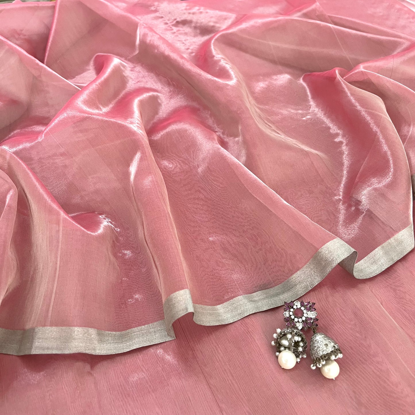 Flamingo pink Chanderi tissue silk saree