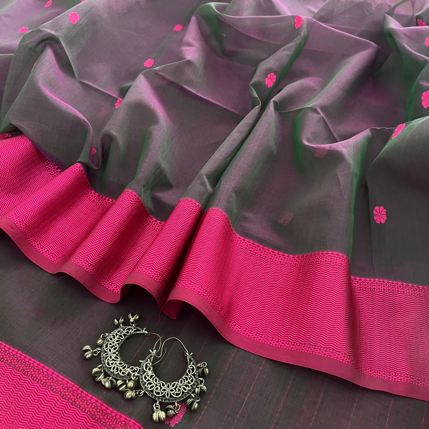 Dark grey and pink Maheshwari saree resham bootis all over