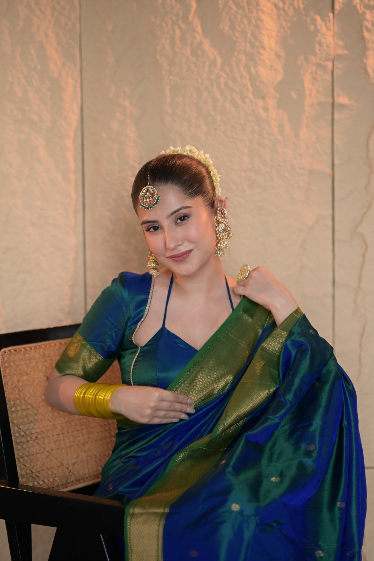 Peacock blue and green dual tone Maheshwari silk saree with zari bootis all over