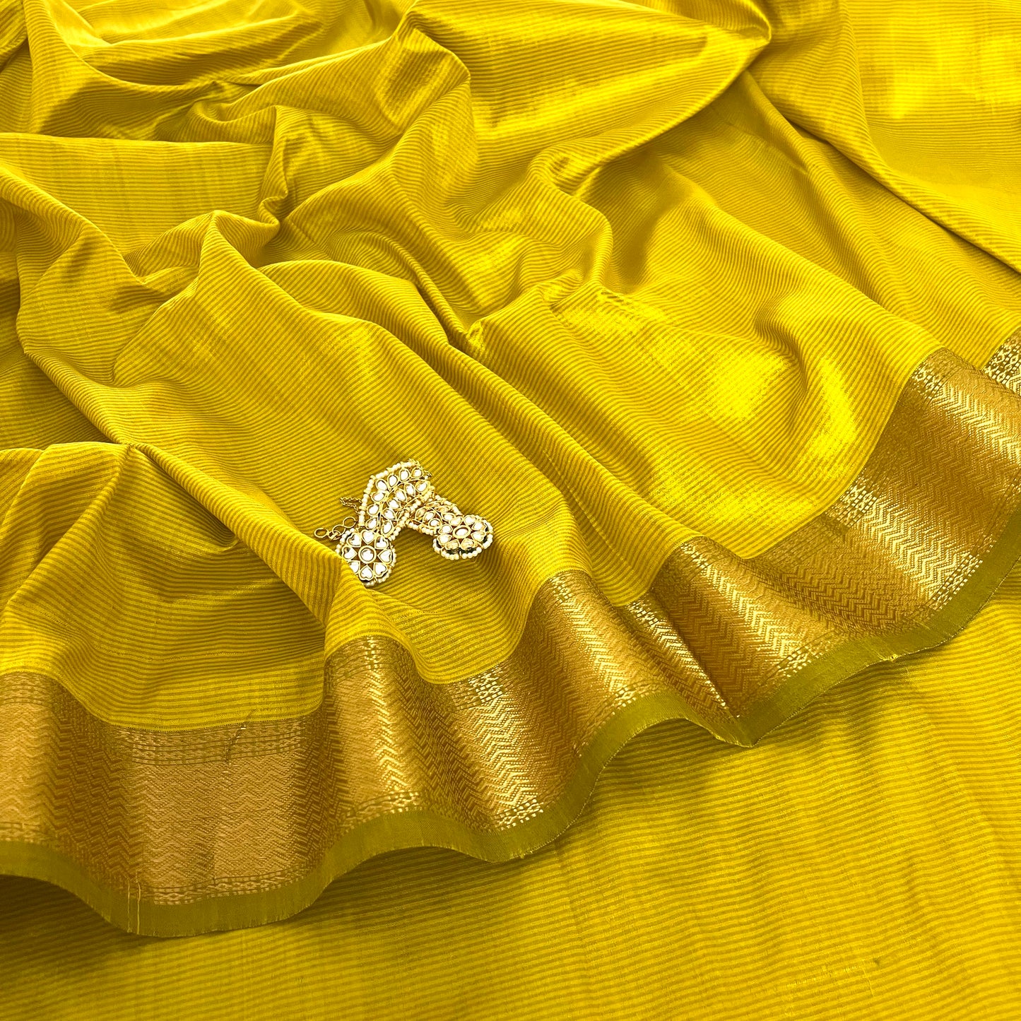 Corn yellow Maheshwari silk saree with zari border