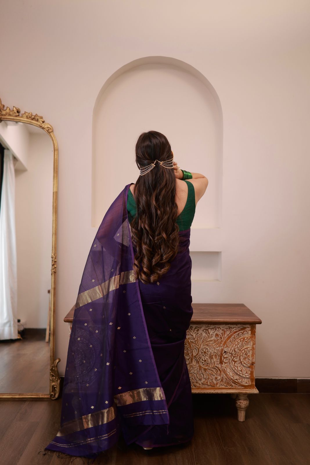 Dark Purple Maheshwari Saree with Zari bootis all over