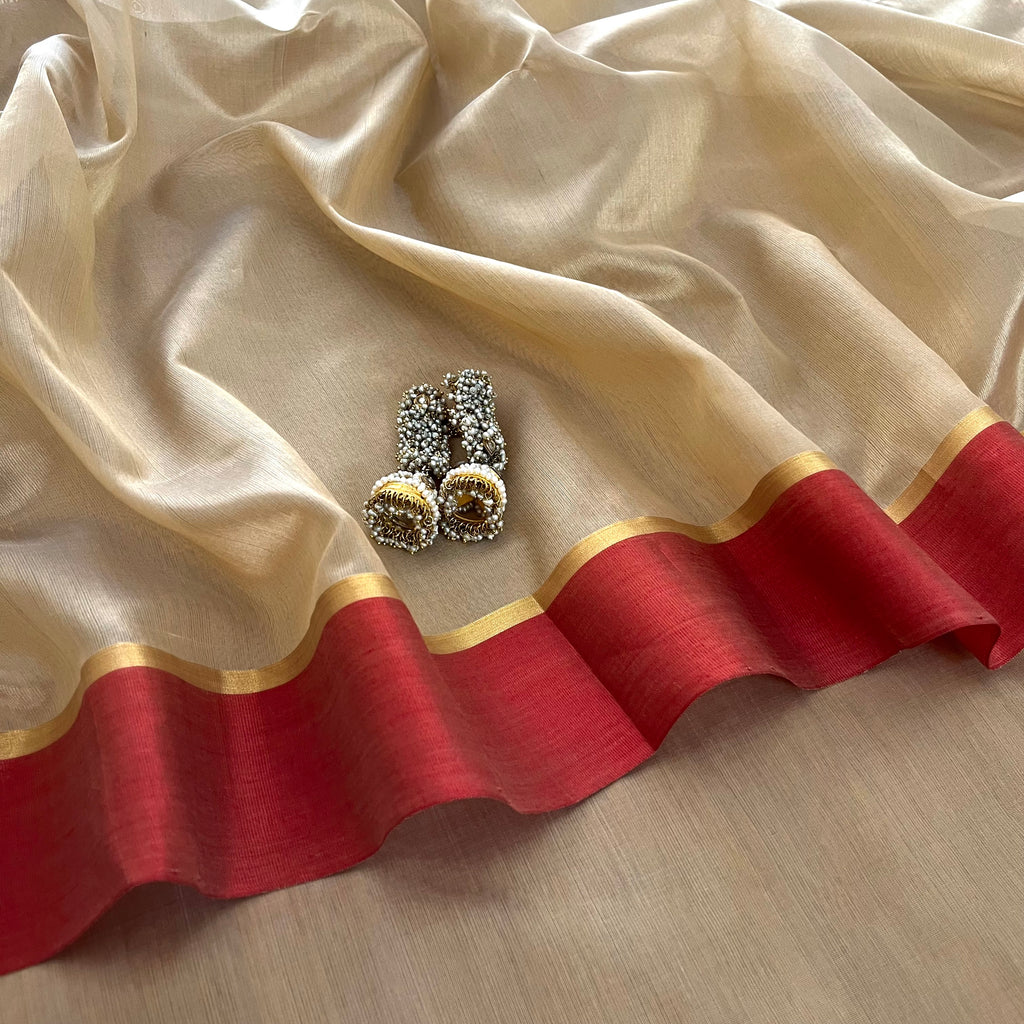 Beige & Red Chanderi Silk Saree with Zari Lines on Pallu