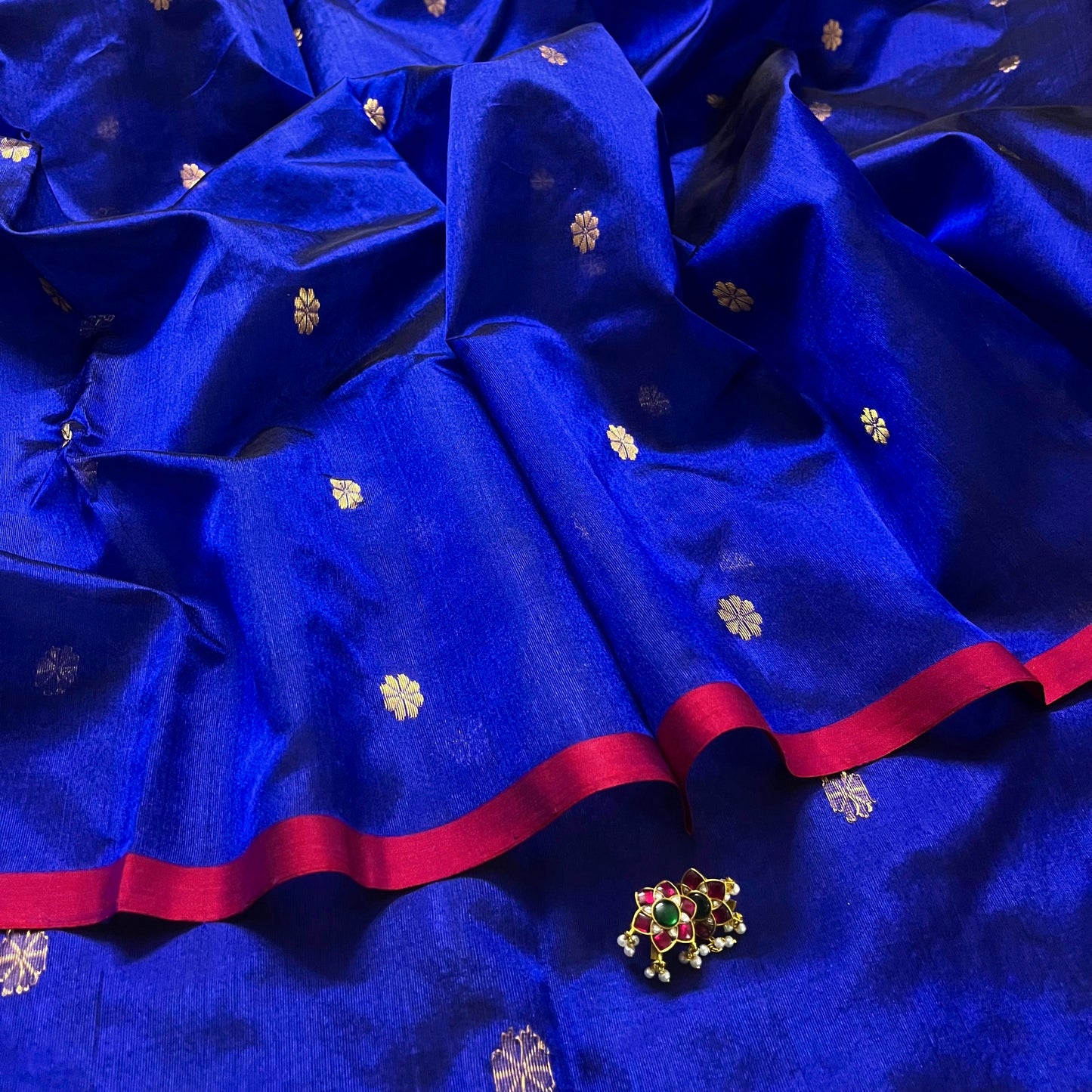Dark blue Chanderi silk saree with flower bootis all over
