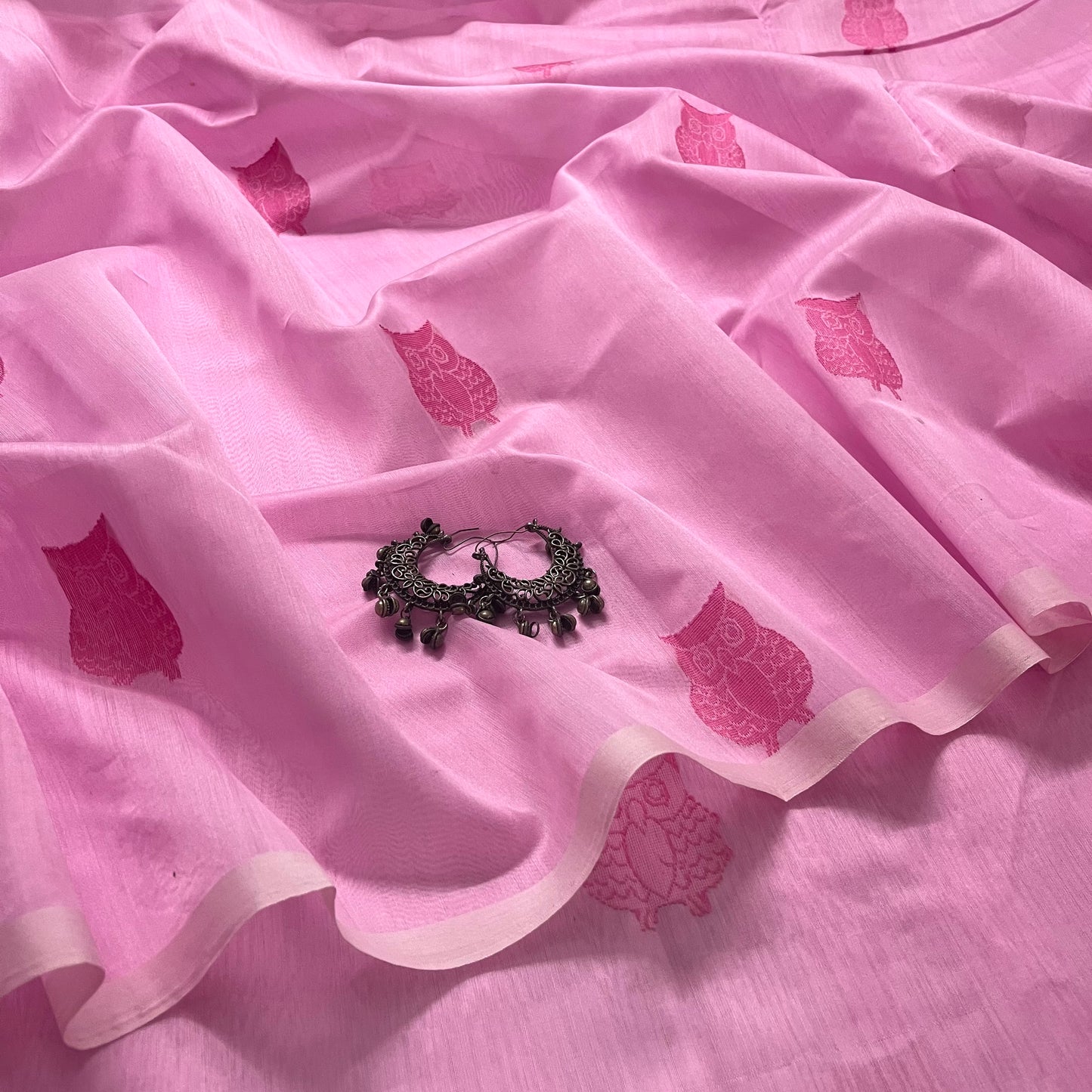 Pink Chanderi saree with owl motifs all over