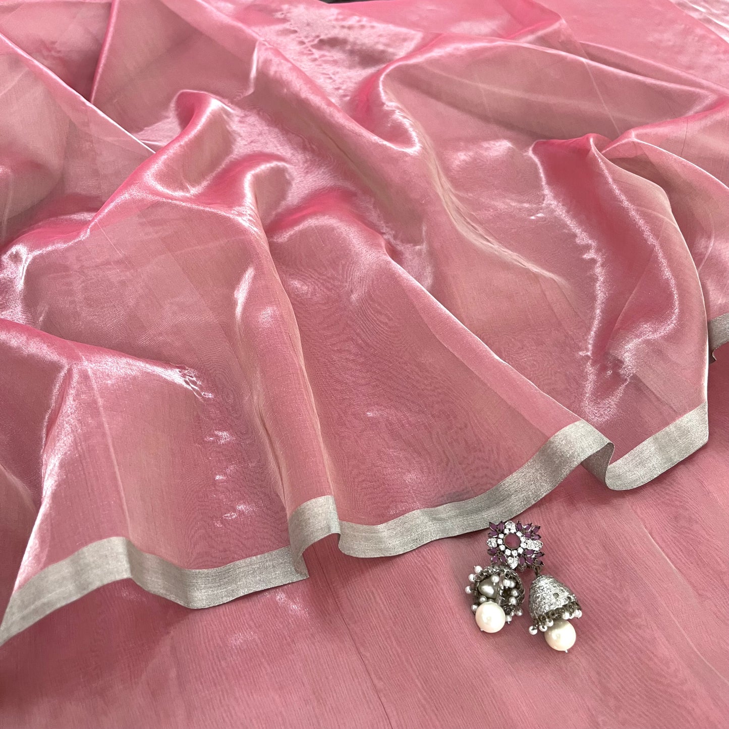 Flamingo pink Chanderi tissue silk saree