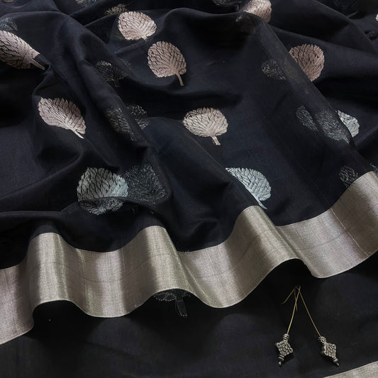 Black Chanderi saree with silver tree motifs all over