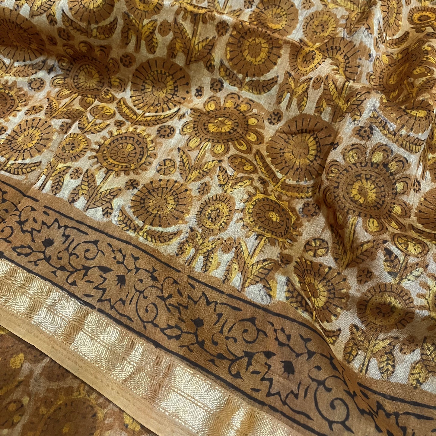 Mustard Maheshwari saree with ajrakh print all over