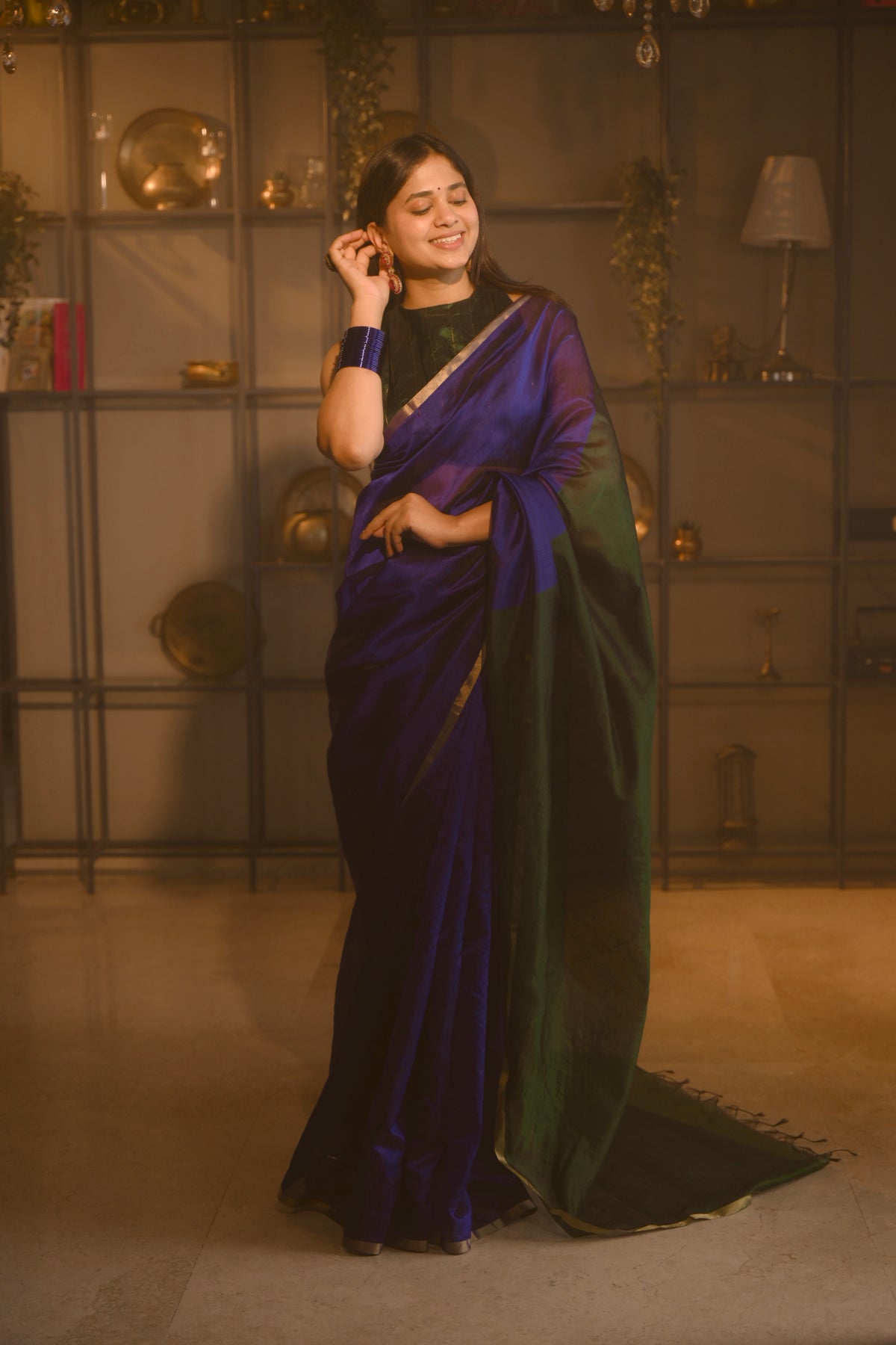 Indigo and green Chanderi silk saree with zari border