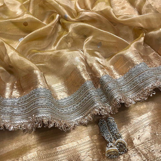 Gold Banarasi tissue silk saree with zari bootis and border