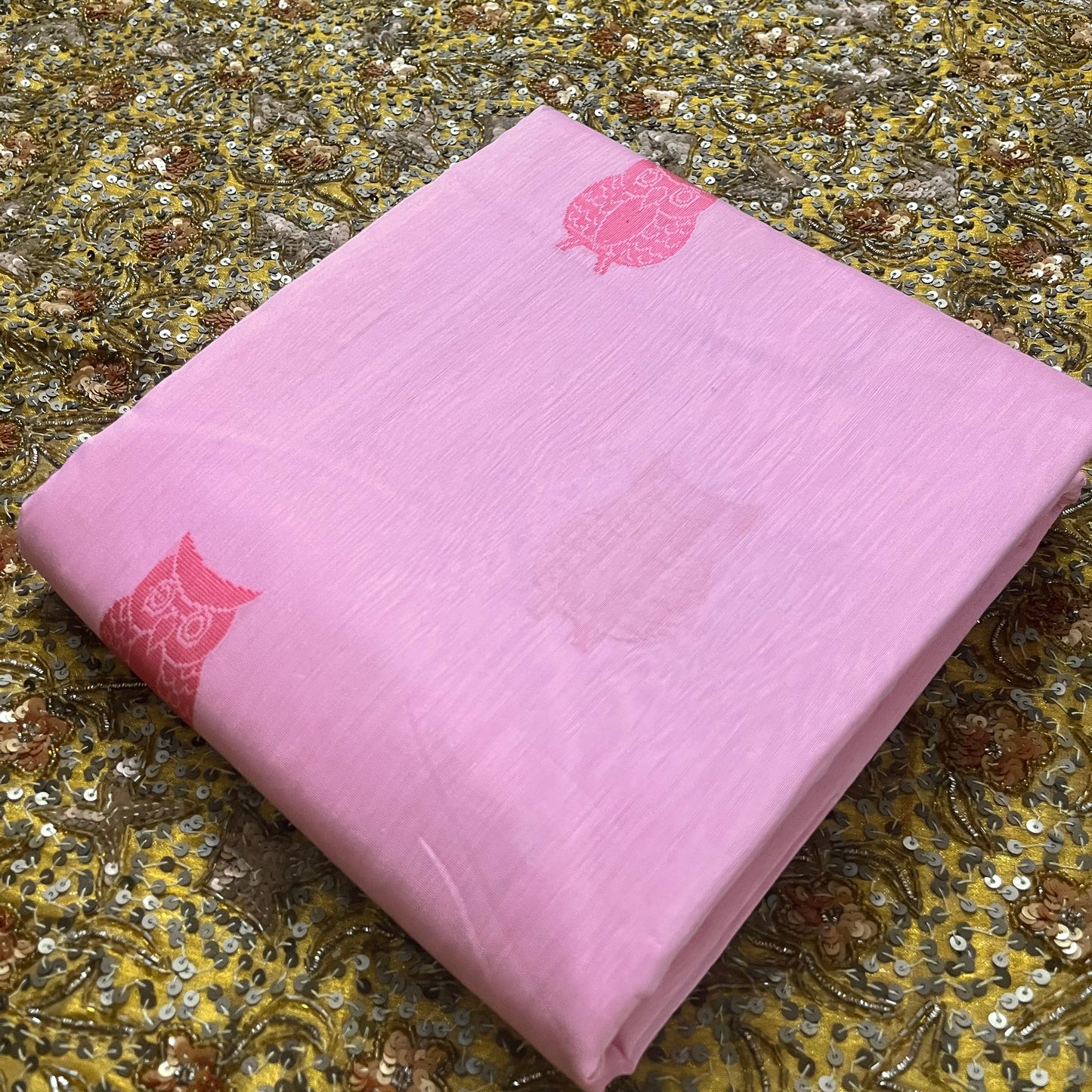 Pink Chanderi saree with owl motifs all over