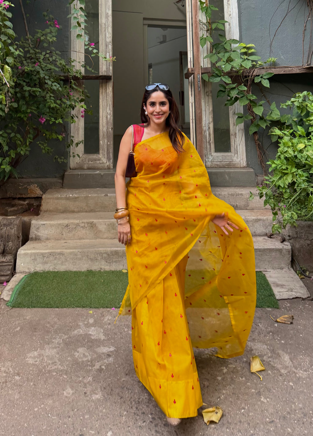 Mustard and pink Chanderi silk saree with resham bootis all over