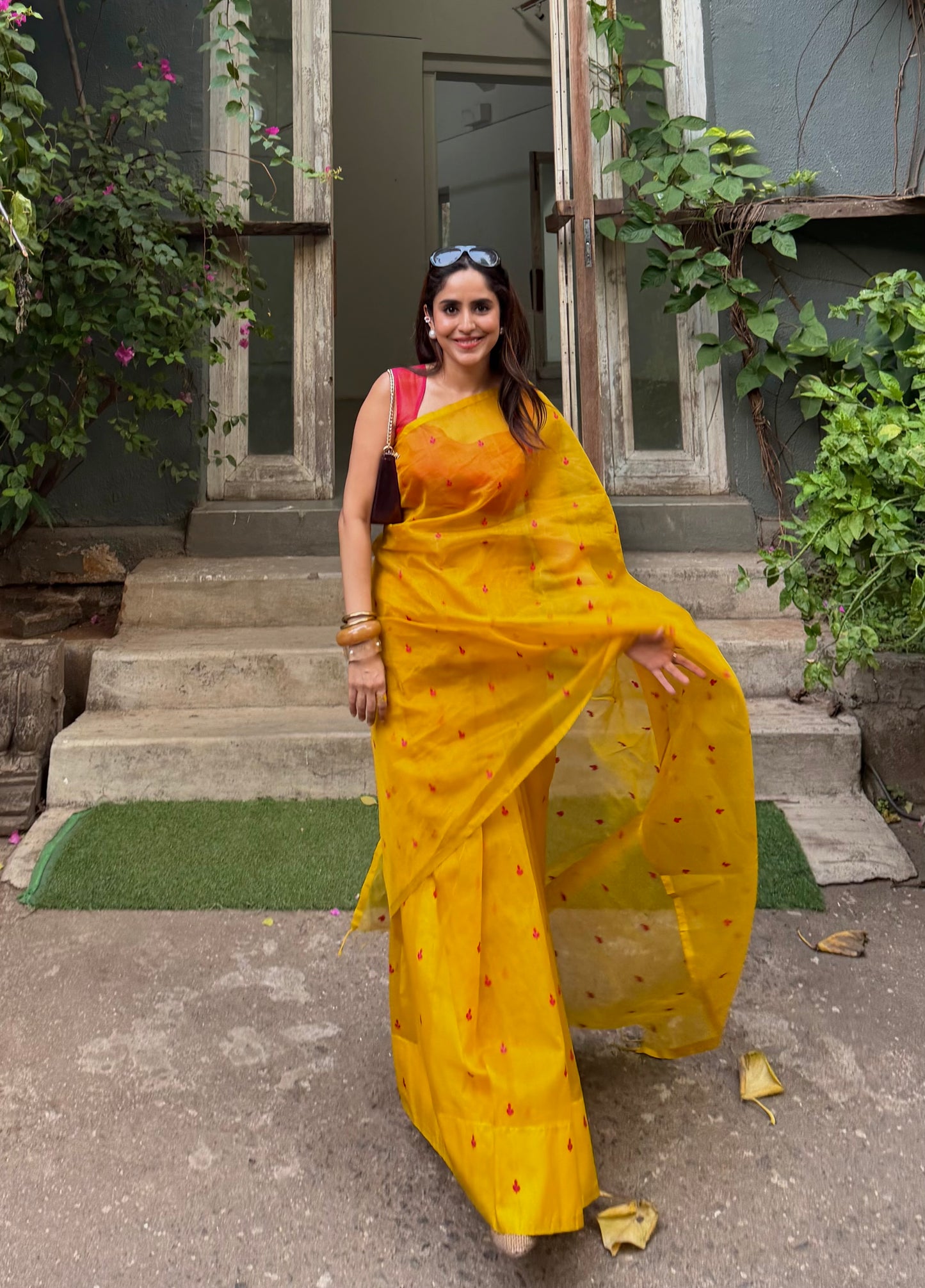 Mustard and pink Chanderi silk saree with resham bootis all over
