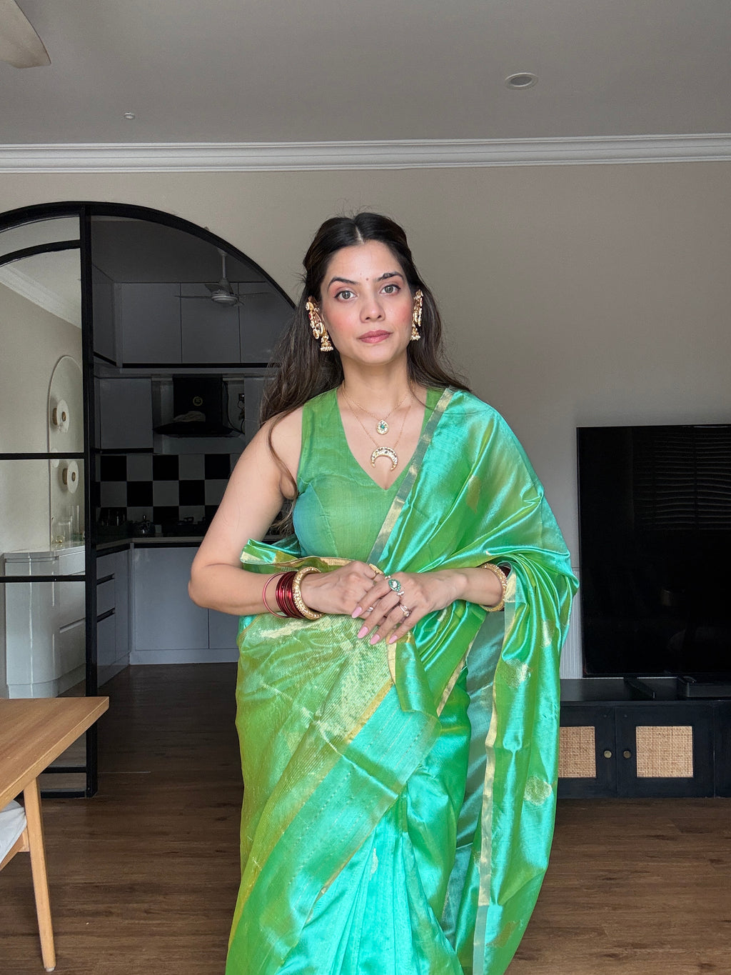 Ready to wear | Sea Green Dual Tone Chanderi Silk Saree with Jhoomar Motifs all over