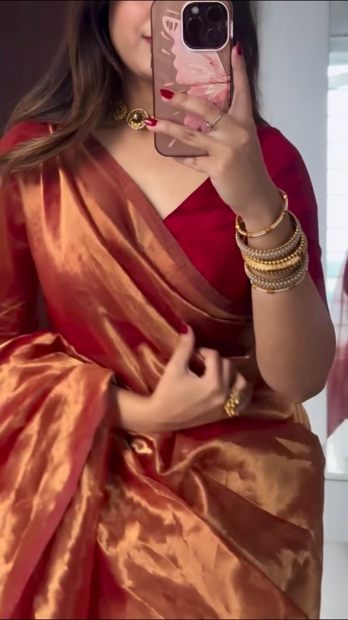 Deep red and gold Chanderi tissue silk saree