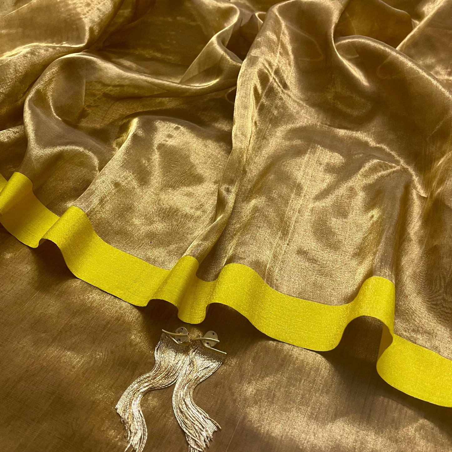 Gold and lemon Chanderi tissue silk with zari lines on pallu