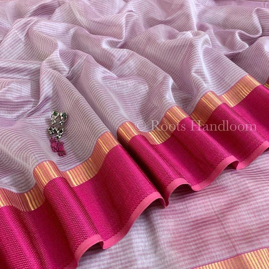 Grey & pink checkered maheshwari saree with resham border