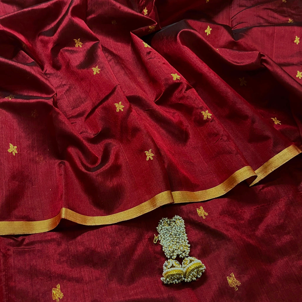 Ready to wear | Deep Maroon Chanderi Silk Saree with Flower Bootis all over