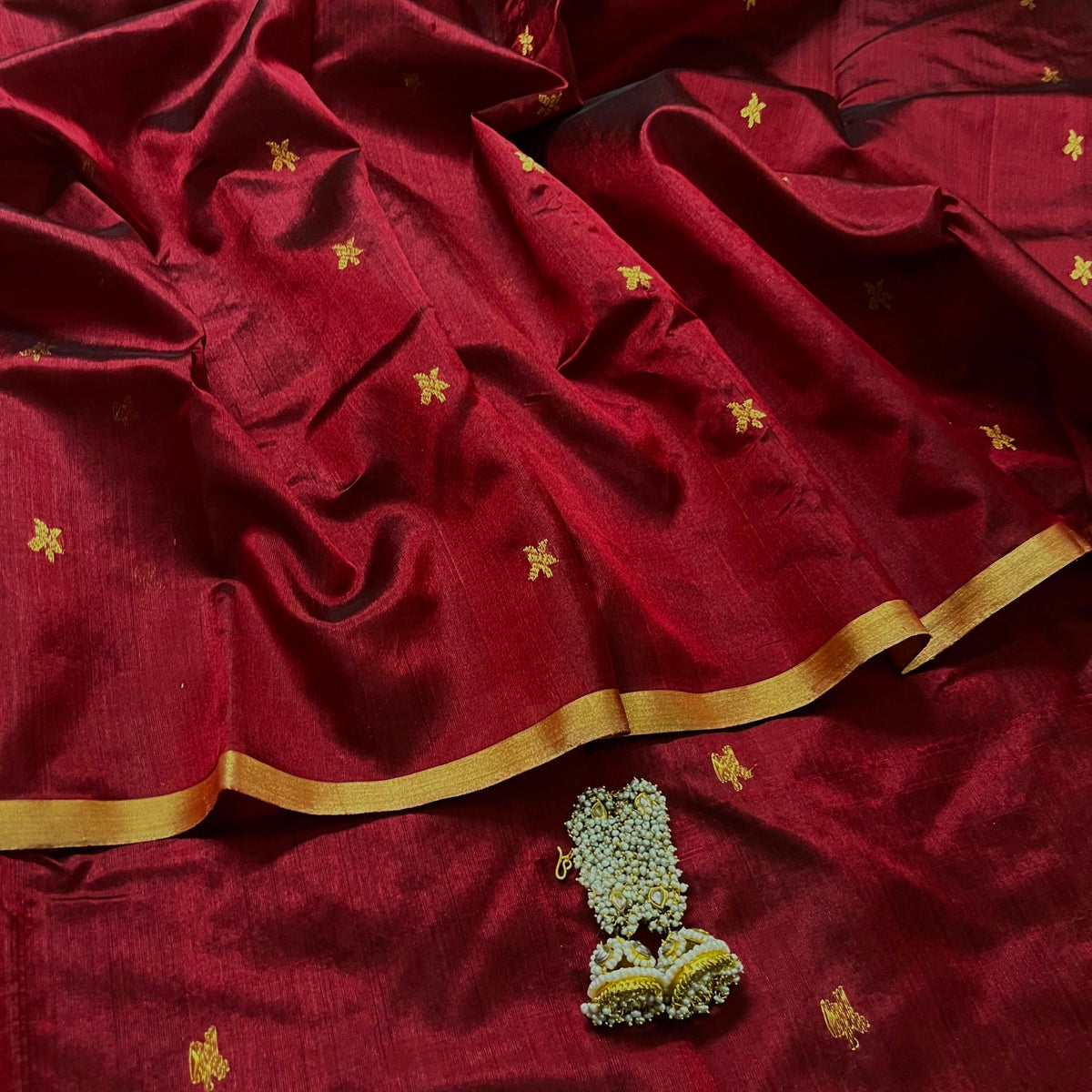 Ready to wear | Deep Maroon Chanderi Silk Saree with Flower Bootis all over