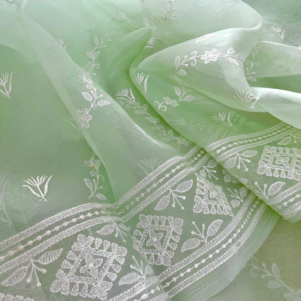 Sea Green Banarasi Organza Silk Saree with Threadwork all over