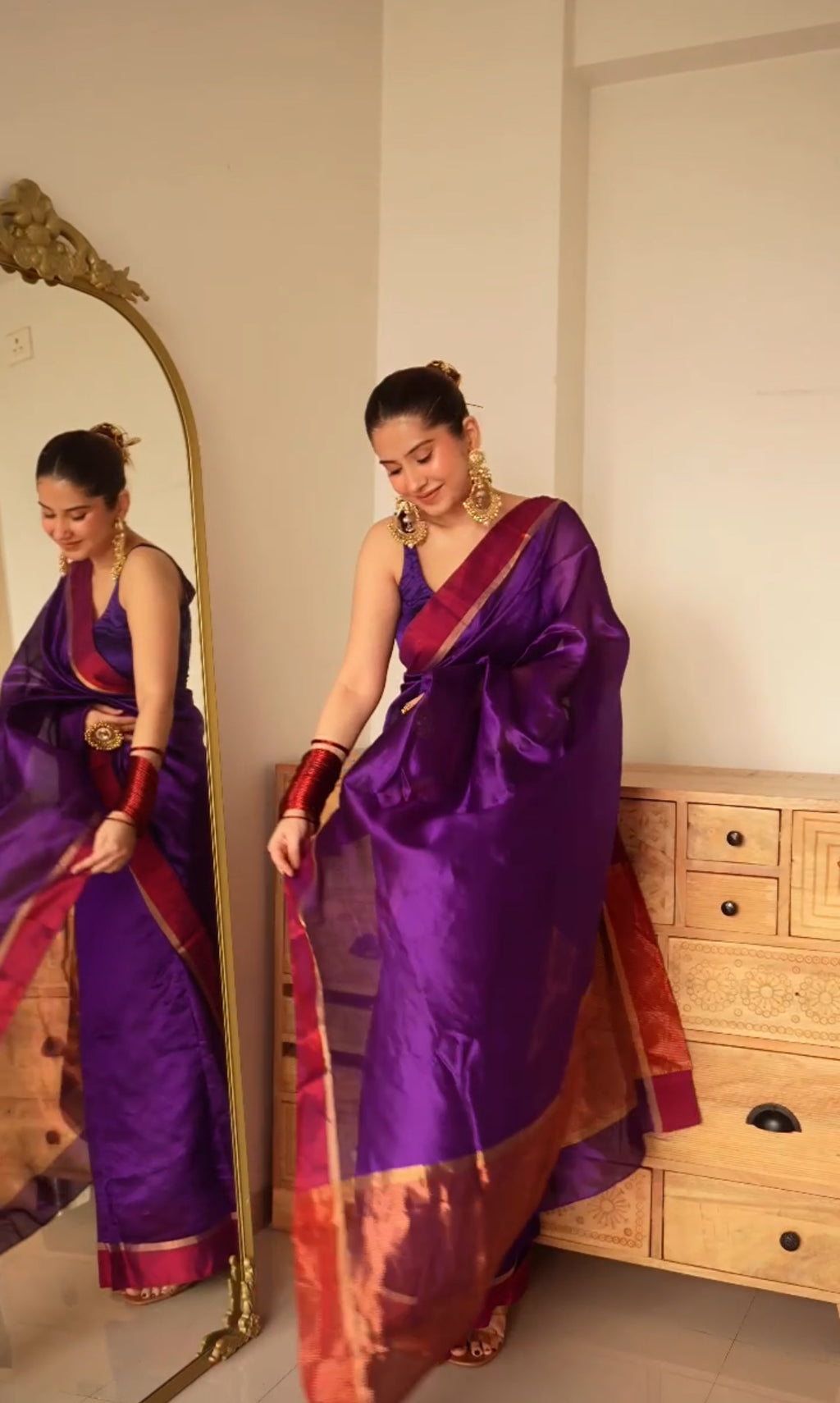 Ready to wear | Dark Purple Plum Chanderi silk saree with zari lines on pallu