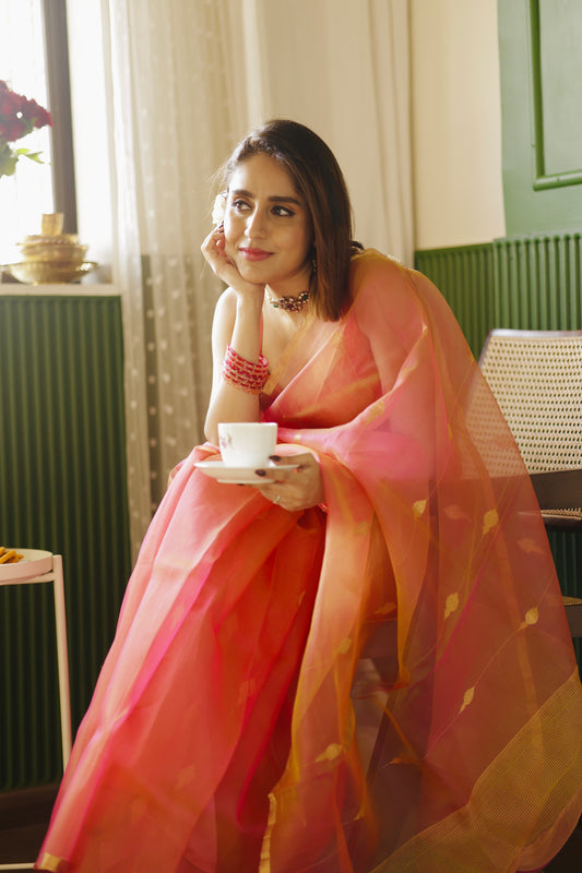 Coral pink dual tone Chanderi organza silk saree with jhumka motifs all over