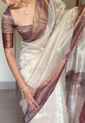 Ready to wear | Cream & Violet Maheshwari tissue silk saree with antique gold zari border